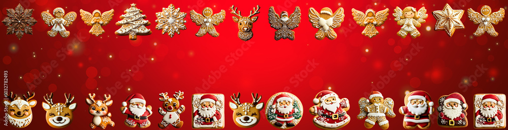 Fototapeta premium set of tasty decored christmas gingerbread cookies isolated over red background; xmas mood
