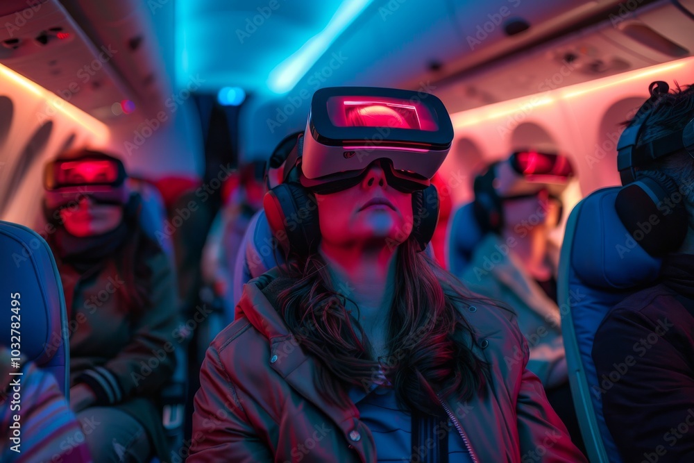 Passengers on a plane wear VR headsets, sitting in dim lighting. Concept of immersive in-flight entertainment. For virtual reality travel experiences. Passengers on a plane wear VR headsets, sitting in dim lighting. Concept of immersive in-flight entertainment. For virtual reality travel experiences.