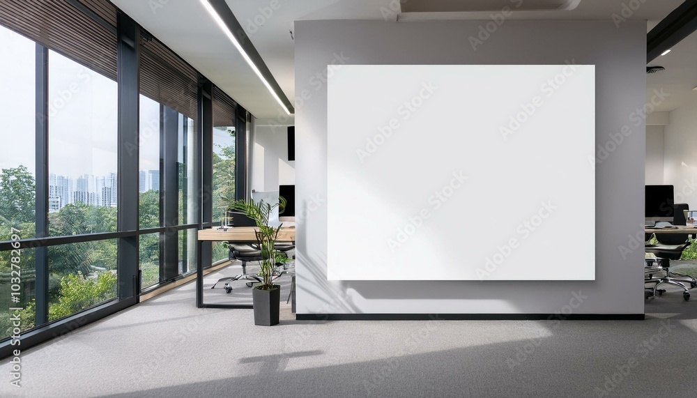 Modern office interior with a large window and blank wall for mockup. 3D Rendering Modern office interior with a large window and blank wall for mockup. 3D Rendering