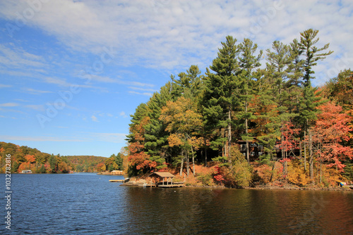 Fall landscape with lake and colorful trees