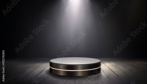 Modern pedestal display in a dark room with spotlight illumination. 3D Rendering