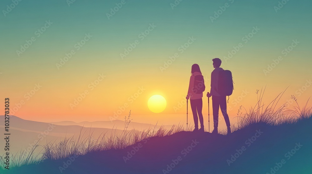 Couple silhouetted on mountain peak at sunset. Couple silhouetted on mountain peak at sunset.