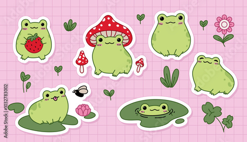 Cute sticker pack. Set of frogs. Hand drawn vector illustrations. Doodle cartoon style. Summer collection.