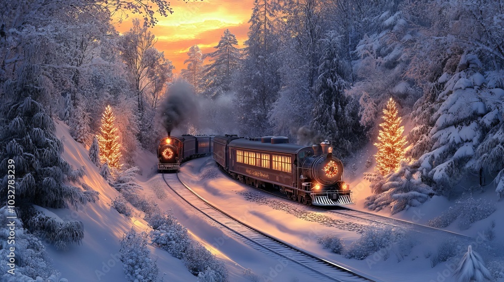 A beautiful holiday train travels through a snowy forest in the far north. Artwork for a Christmas card featuring a 3D illustration. A beautiful holiday train travels through a snowy forest in the far north. Artwork for a Christmas card featuring a 3D illustration.
