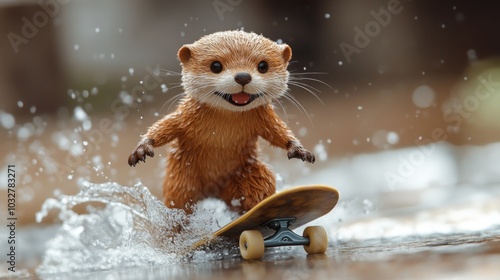 A cute otter on a skateboard splashing in the water. photo