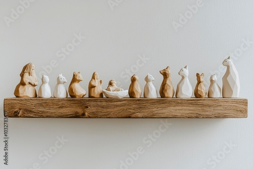 A Row of Wooden and White Figurines on a Rustic Shelf