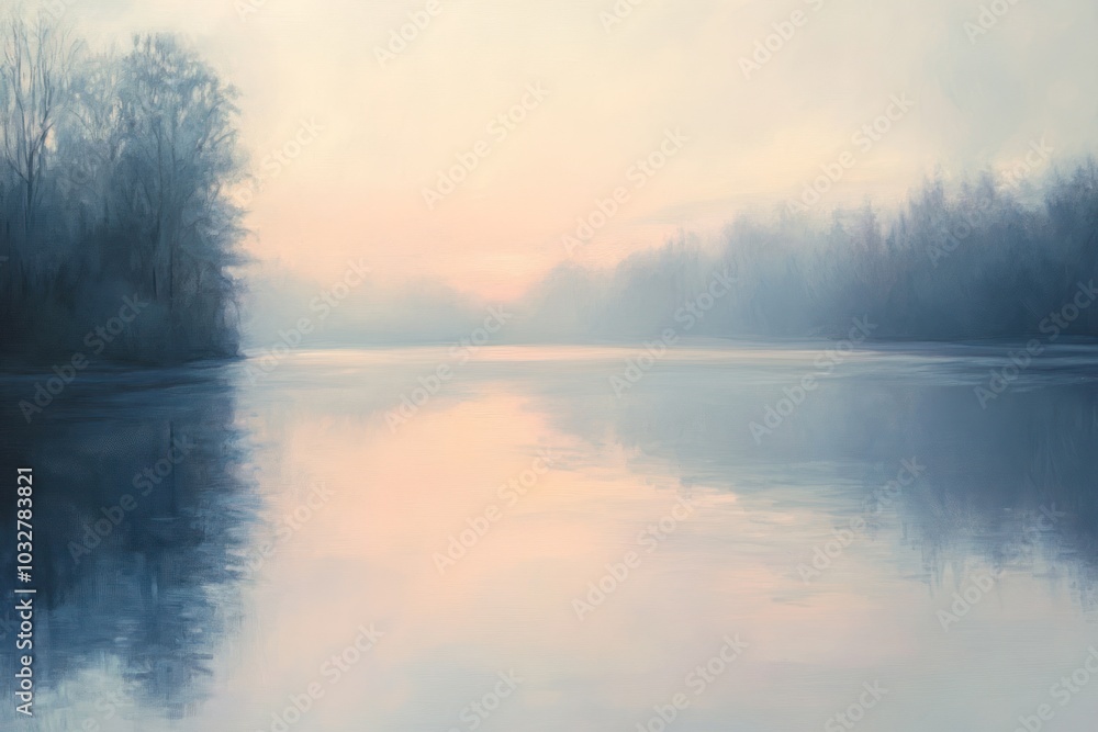 Fototapeta premium Serene Foggy Sunrise Over a Still Lake