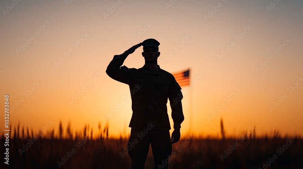 Fototapeta premium Silhouette of a soldier saluting at sunset, with a waving American flag in the background, symbolizing remembrance on Veterans Day 