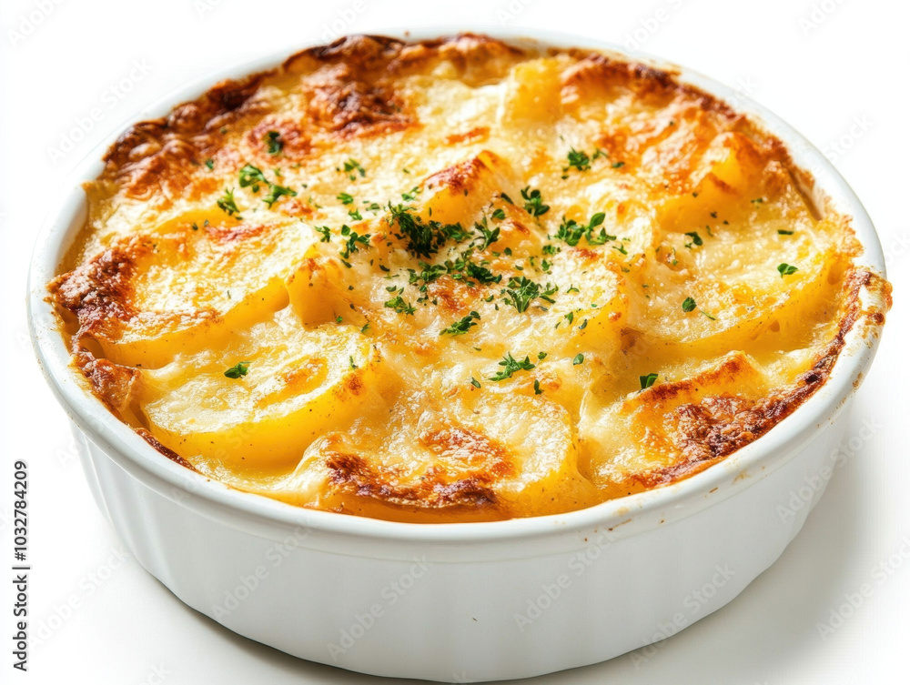 Creamy layered potato casserole baked to perfection with a golden crust and fresh herbs Creamy layered potato casserole baked to perfection with a golden crust and fresh herbs