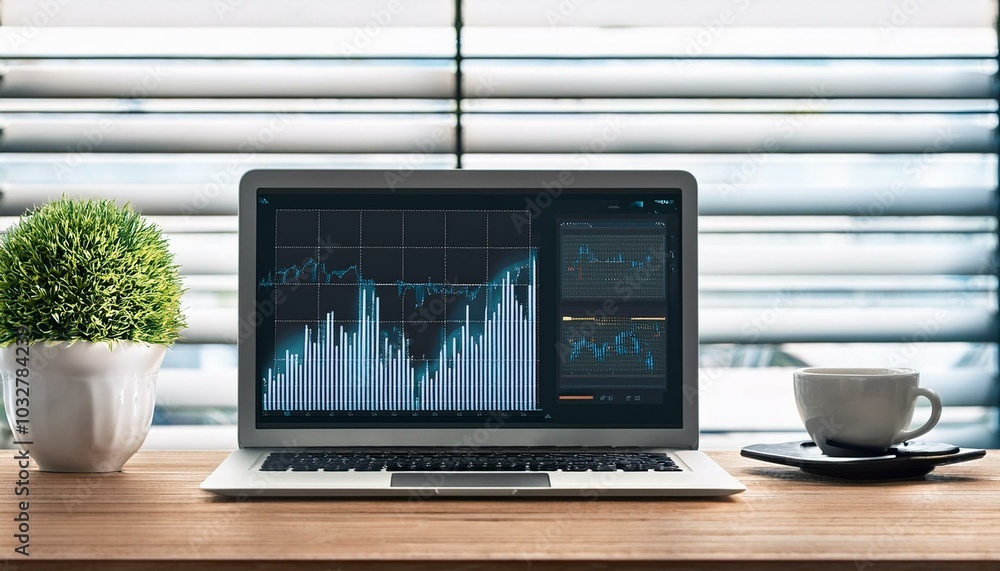 Close up of laptop with forex chart on wooden office desk with plant in vase and blurry blinds background. Financial company workplace concept. 3D Rendering Close up of laptop with forex chart on wooden office desk with plant in vase and blurry blinds background. Financial company workplace concept. 3D Rendering