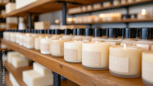 Shelves of handmade candles and soaps with handwritten labels, soft lighting showcasing the craftsmanship for Small Business Saturday 