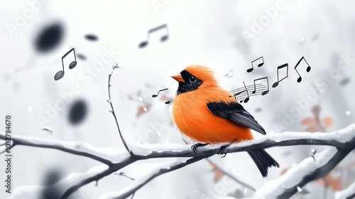   A bird perched atop a tree branch with musical notes adorning its back, while a tree branch stands prominently in the foreground