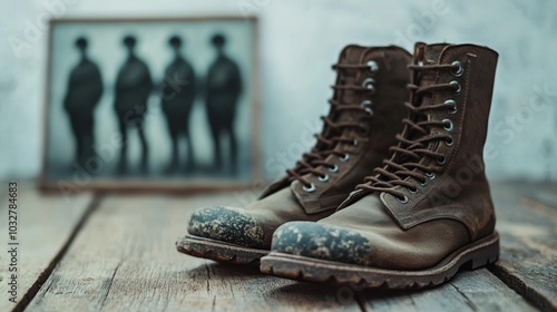 Military boots and a faded letter, laying on a wooden surface, with an old photograph of soldiers, nostalgic Veterans Day remembrance 