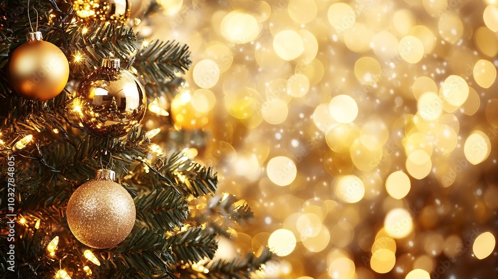 Obraz premium A beautiful Christmas tree with shiny gold balls against a backdrop of sparkling golden Christmas lights. The picture captures the magical and festive atmosphere of Christmas.
