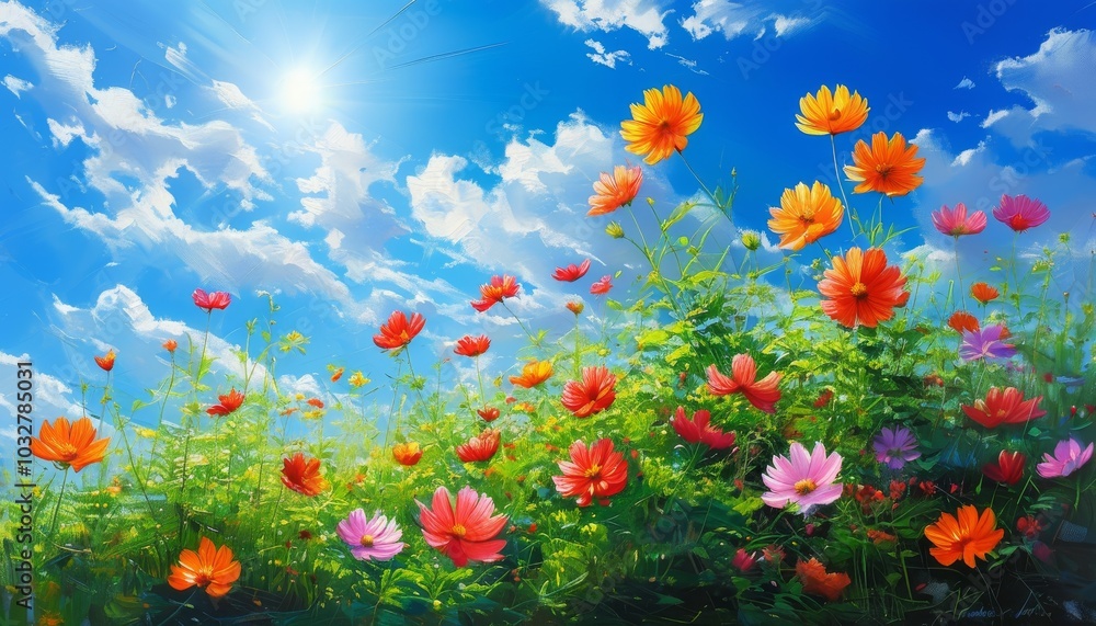 Summer, sunny, blue sky with white clouds, green plants, blooming colorful flowers Summer, sunny, blue sky with white clouds, green plants, blooming colorful flowers