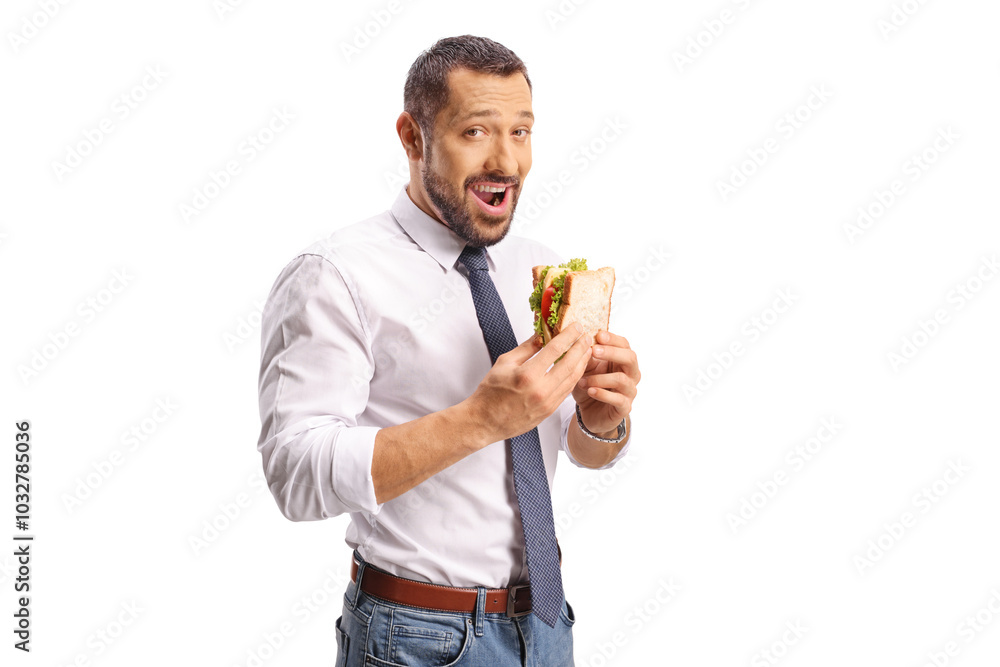 Businessman eating a cheese and tomato sandwich Businessman eating a cheese and tomato sandwich