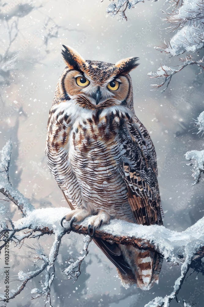 owl on a branch in a snowy forest. Selective focus owl on a branch in a snowy forest. Selective focus