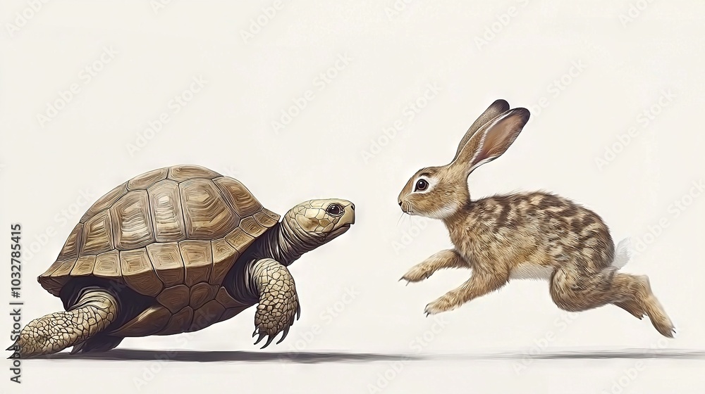 Naklejka premium Rabbit chasing Tortoise with back legs