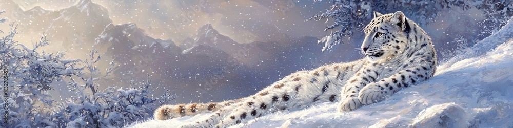 Fototapeta premium white leopard in the snowy forest. Selective focus