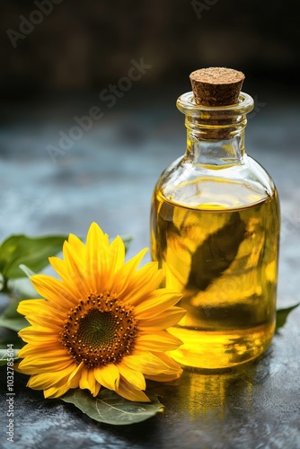 sunflower oil and sunflowers. Selective focus