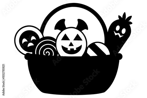 Halloween basket full of candies and sweets in cartoon style. A traditional treat for children and adults during the autumn holiday. Vector illustration silhouette .