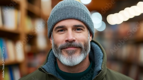 Local bookstore owner recommending a book to a customer, warm lighting and personal interaction highlighting Small Business Saturday  photo