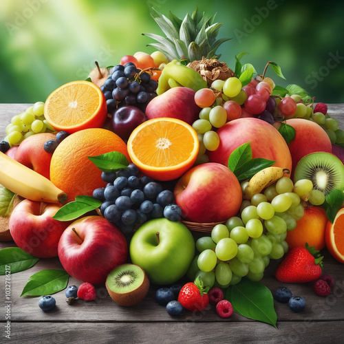 Heap of various ripe and healthy fruits and vegetables