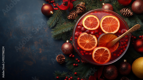 Christmas punch with orange slices and cranberries in glass bowl