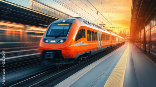 Fast-traveling train in vibrant sunset at bustling railway station on a summer evening