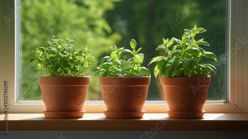 Small, but productive kitchen garden with terracotta pots overflowing with herbs like mint and coriander, nestled on a sun-drenched windowsill overlooking a cozy backyard 