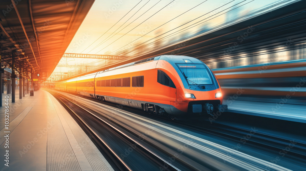 Fast-traveling train in vibrant sunset at bustling railway station on a summer evening Fast-traveling train in vibrant sunset at bustling railway station on a summer evening