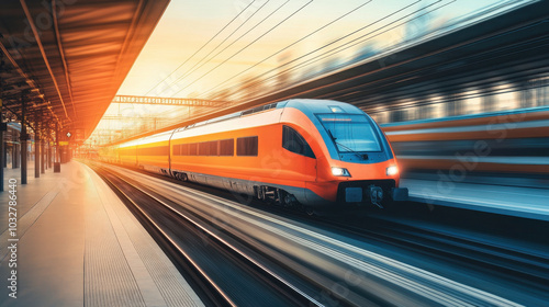 Fast-traveling train in vibrant sunset at bustling railway station on a summer evening