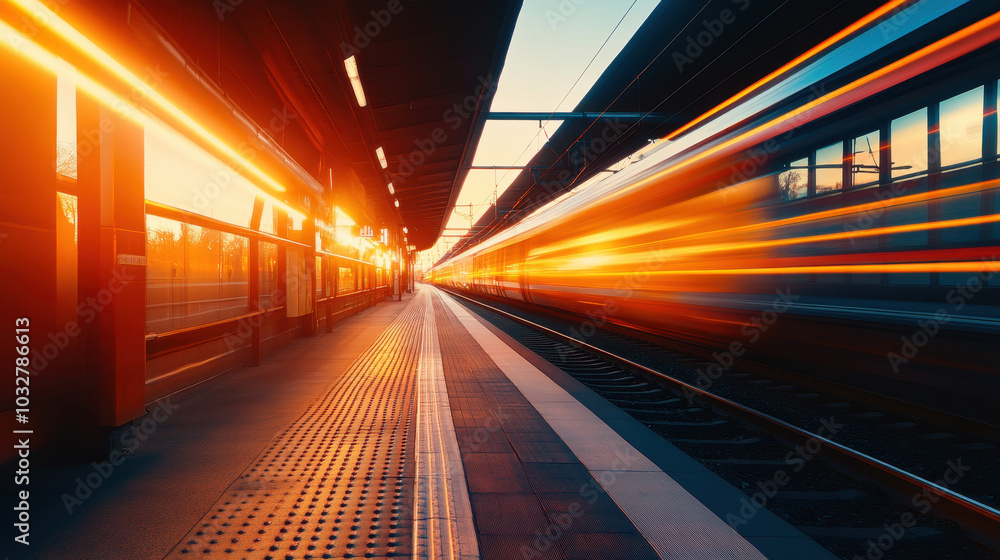 Fast-traveling train in vibrant sunset at bustling railway station on a summer evening Fast-traveling train in vibrant sunset at bustling railway station on a summer evening