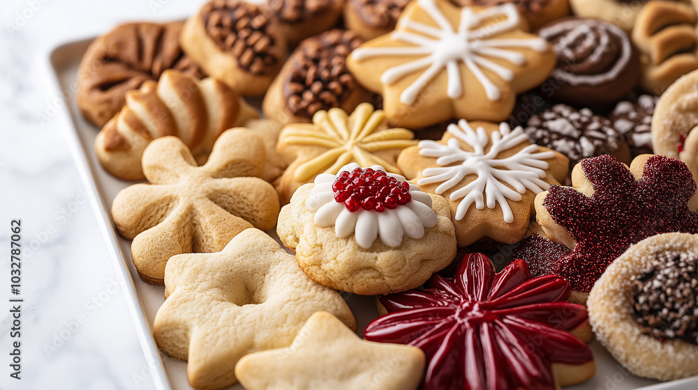 Tray of holiday cookies with festive designs Tray of holiday cookies with festive designs