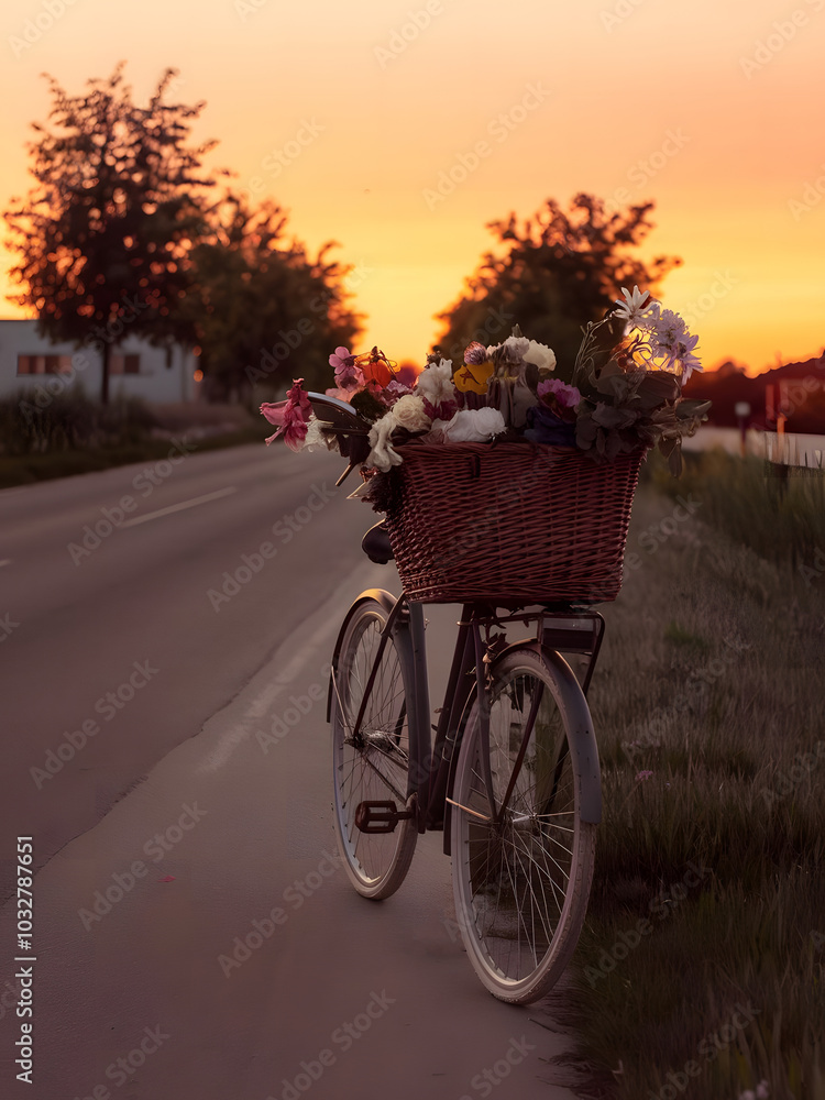 Fototapeta premium Una bicicleta antigua con una cesta llena de flores en una carretera solitaria durante la puesta de sol