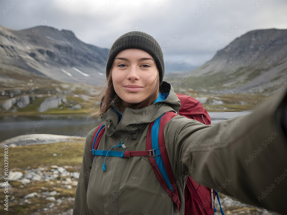 Una joven mochilera tomándose una fotografía en las montañas
Una joven mochilera tomándose una fotografía en las montañas