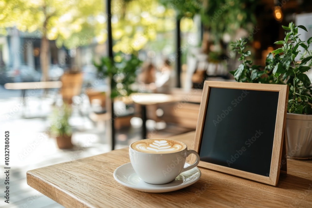 A serene cafe displays a meticulously crafted latte with artful milk foam, set against sunlit interiors and greenery, radiating relaxation and inviting ambiance. A serene cafe displays a meticulously crafted latte with artful milk foam, set against sunlit interiors and greenery, radiating relaxation and inviting ambiance.