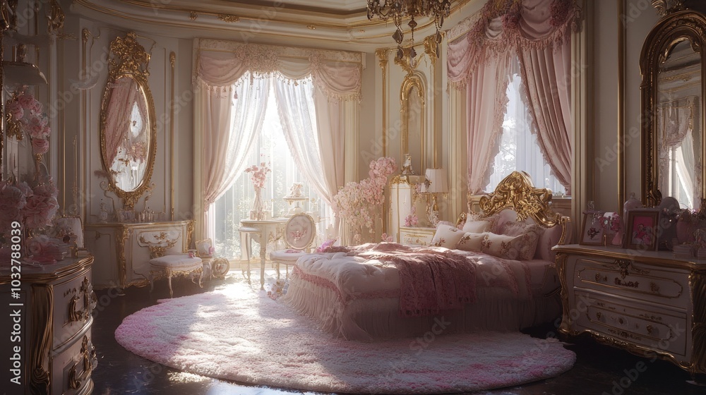 Sunbeams illuminate a luxurious pink and gold bedroom with a plush bed, ornate furniture, and large windows. Sunbeams illuminate a luxurious pink and gold bedroom with a plush bed, ornate furniture, and large windows.