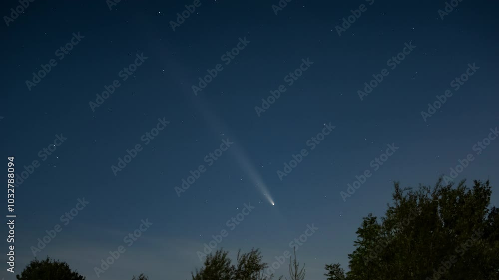 Comet Tsuchinshan ATLAS C/2023 A3 on the sky seen around Germany on the 15. October 2024. The tail is very long and visible during the night. Astrophotography in Europe. Comet Tsuchinshan ATLAS C/2023 A3 on the sky seen around Germany on the 15. October 2024. The tail is very long and visible during the night. Astrophotography in Europe.