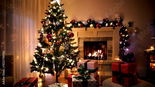 ozy Living Room with Decorated Christmas Tree, Gifts, and Fireplace