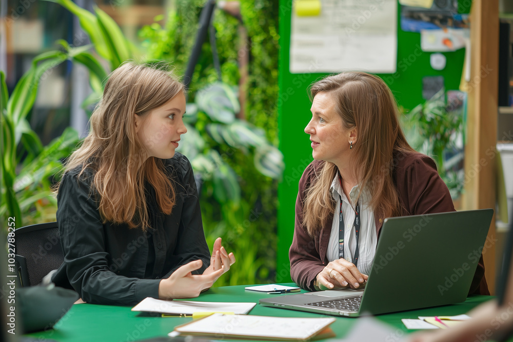 Two Women Discussing Business Ideas Over Laptop Two Women Discussing Business Ideas Over Laptop