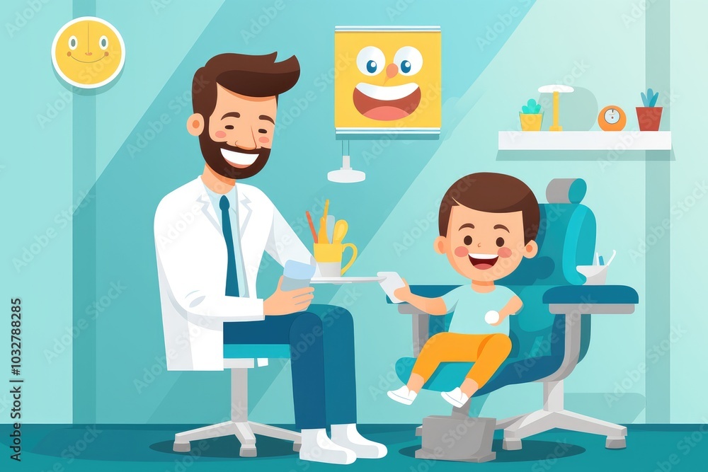 Happy child at a dentist appointment in a children's clinic - illustration for medical topics Happy child at a dentist appointment in a children's clinic - illustration for medical topics