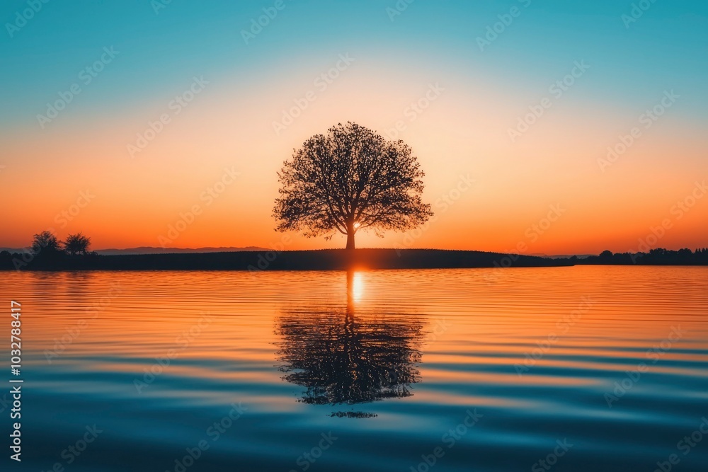 Silhouette of a Tree Reflecting in a Calm Lake at Sunset Silhouette of a Tree Reflecting in a Calm Lake at Sunset