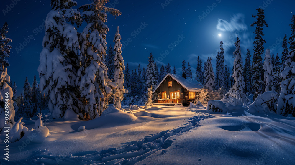 A snow-covered forest at night with a lone lighted house under the bright moonlight. AI Generated A snow-covered forest at night with a lone lighted house under the bright moonlight. AI Generated