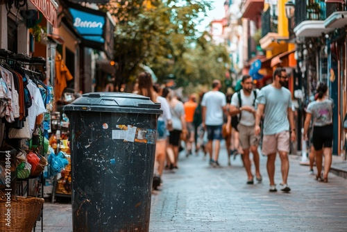 A Worn Trash Can on a Busy Street in a European City