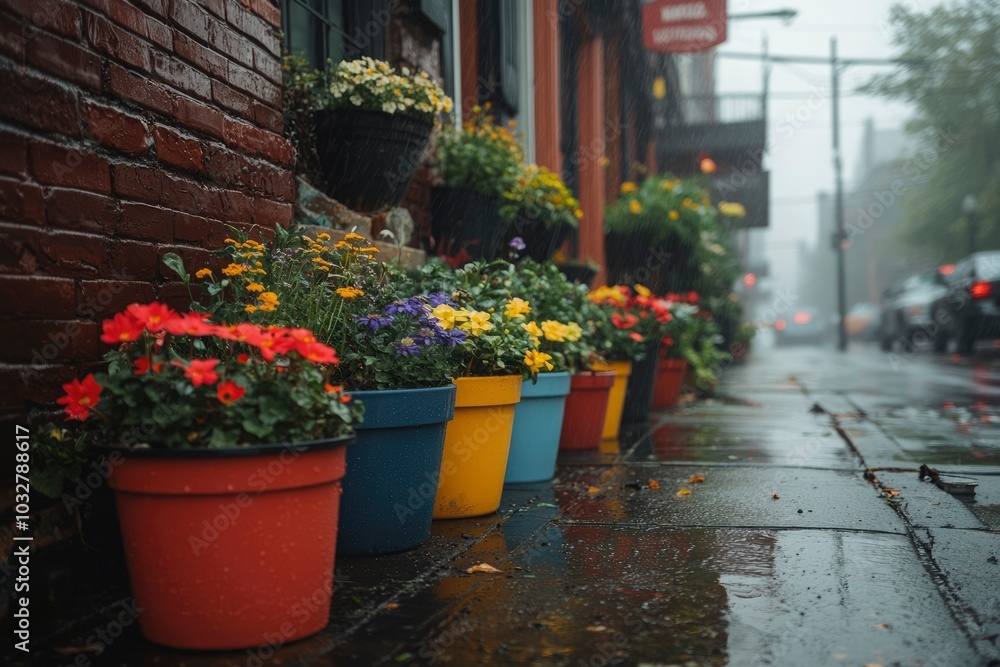 Colorful Potted Flowers on a Rainy Sidewalk Colorful Potted Flowers on a Rainy Sidewalk