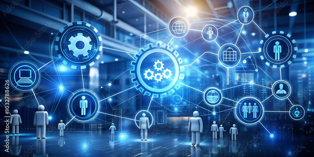 Abstract network of digital icons and data nodes interconnected, symbolizing future global digital communications and technology integration. Abstract network of digital icons and data nodes interconnected, symbolizing future global digital communications and technology integration.