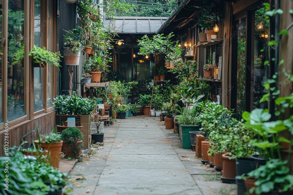 A Stone Pathway Lined with Lush Greenery and Potted Plants A Stone Pathway Lined with Lush Greenery and Potted Plants