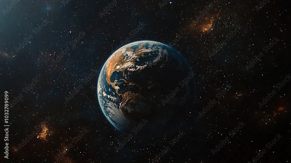 Obraz premium An image capturing Earth from space, positioned so the sun is central while stars surround it in the background