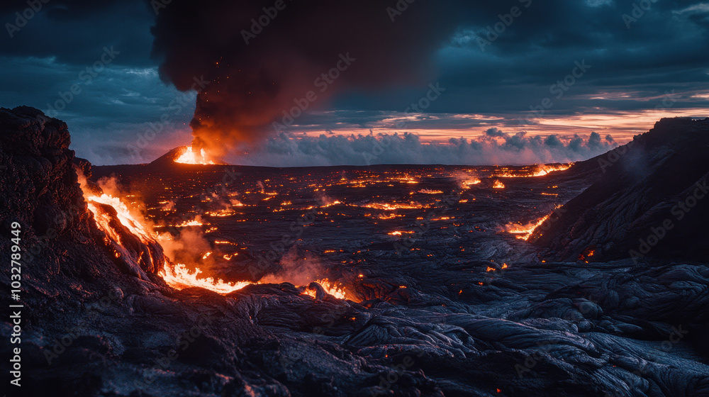Fototapeta premium Lava rivers flow through an ancient volcanic landscape under dramatic stormy skies at twilight